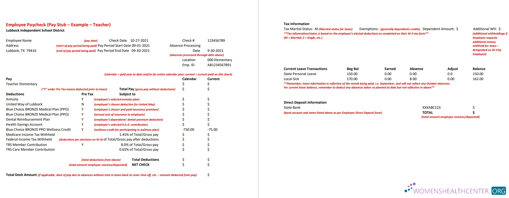 Download Lubbock Independent School District teacher pay stub Word and PDF template Photoshop template